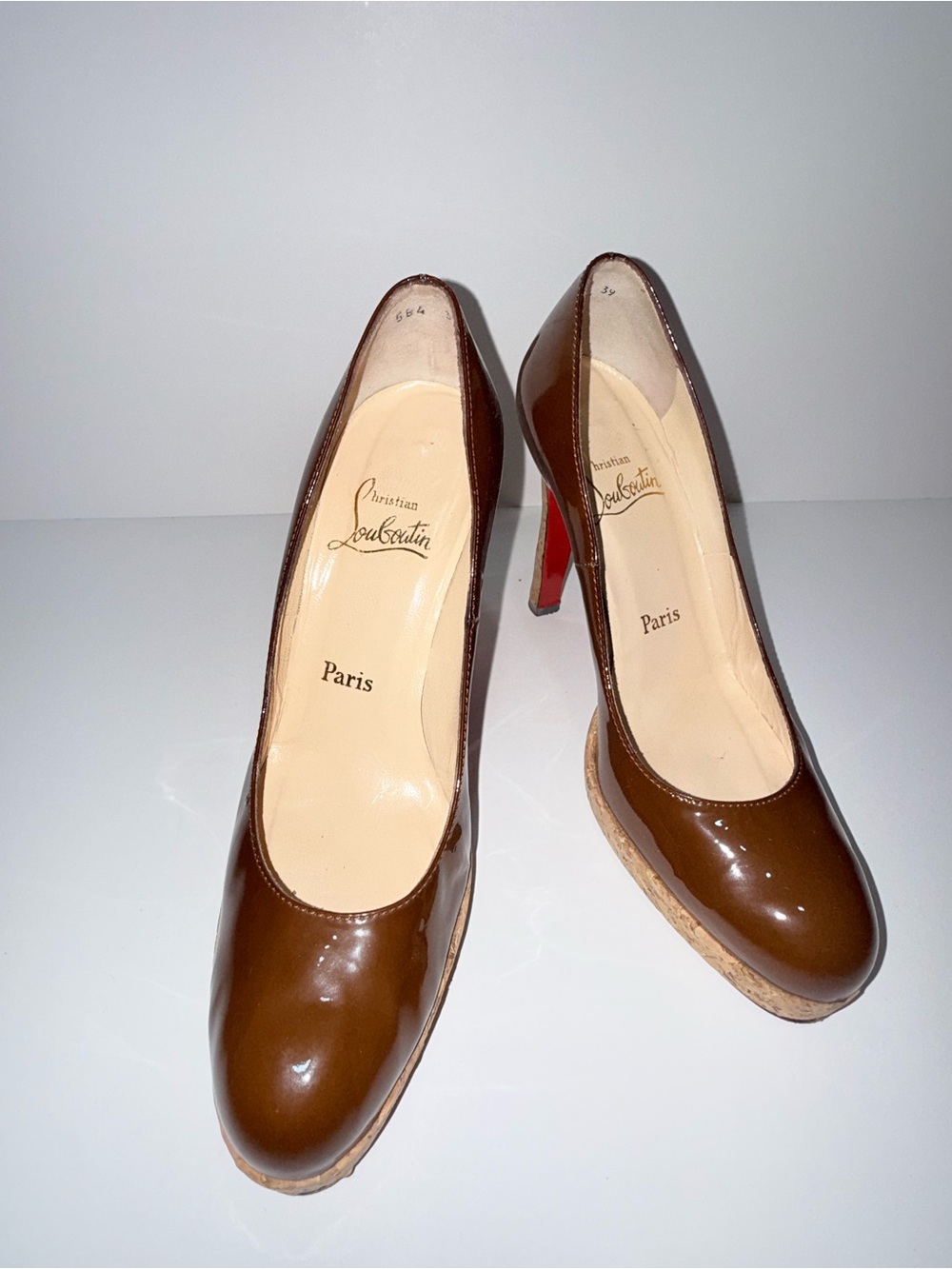 Christian Louboutin Brown Patent Leather Platform Pumps with Red Soles